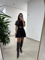 Bb 30485 Nubuk Siyah Kemerli Elbise