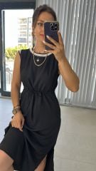 Beyaz Biye Geçişli Floş Keten Siyah Elbise