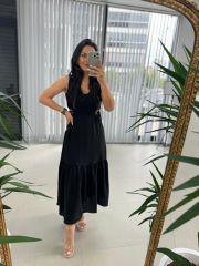 My 3198 Siyah Bel Dekolteli Krinkil Elbise