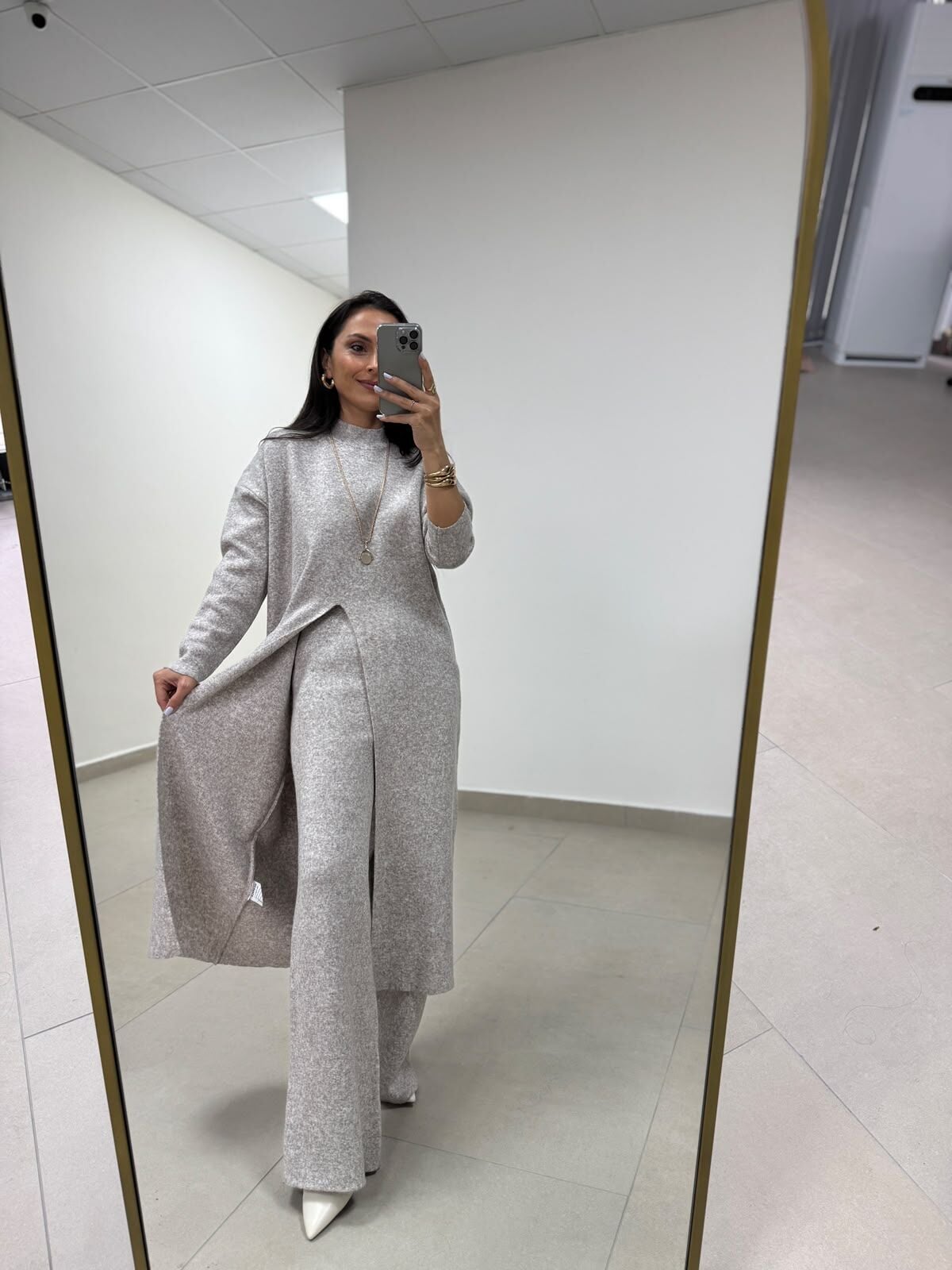 Qs 1008 Soft Dokulu Vizon Kırçıllı Triko Tunik Pantolon Takım