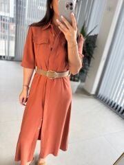 Fw 8124 Oval Kemerli Tensel Kiremit Elbise