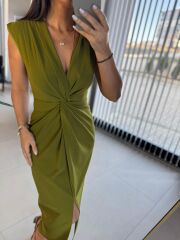 My 3698 Düğüm Detaylı Yağ Yeşili Kalem Elbise