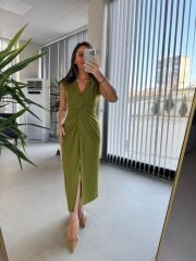 My 3698 Düğüm Detaylı Yağ Yeşili Kalem Elbise