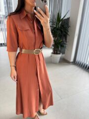 Fw 8124 Oval Kemerli Tensel Kiremit Elbise