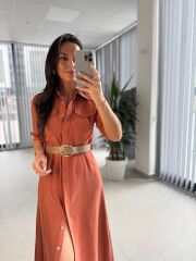 Fw 8124 Oval Kemerli Tensel Kiremit Elbise