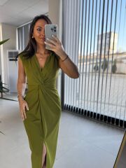 My 3698 Düğüm Detaylı Yağ Yeşili Kalem Elbise