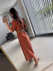 Fw 8124 Oval Kemerli Tensel Kiremit Elbise