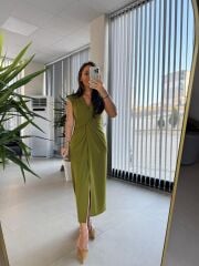 My 3698 Düğüm Detaylı Yağ Yeşili Kalem Elbise