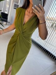 My 3698 Düğüm Detaylı Yağ Yeşili Kalem Elbise