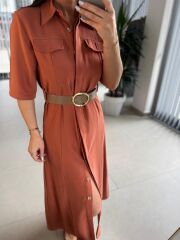 Fw 8124 Oval Kemerli Tensel Kiremit Elbise