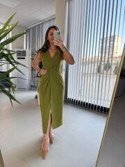 My 3698 Düğüm Detaylı Yağ Yeşili Kalem Elbise