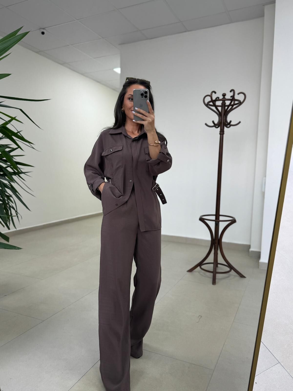 Art 4013 Tensel Kemer Detaylı Kahve Yelek Takım