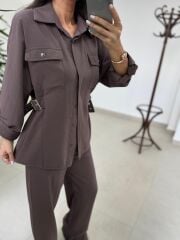 Art 4013 Tensel Kemer Detaylı Kahve Yelek Takım