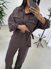 Art 4013 Tensel Kemer Detaylı Kahve Yelek Takım