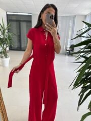 My 3936 Kırmızı Gold Düğme Detaylı Kemerli Crep Tulum
