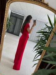 My 3936 Kırmızı Gold Düğme Detaylı Kemerli Crep Tulum
