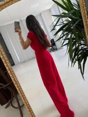 My 3936 Kırmızı Gold Düğme Detaylı Kemerli Crep Tulum