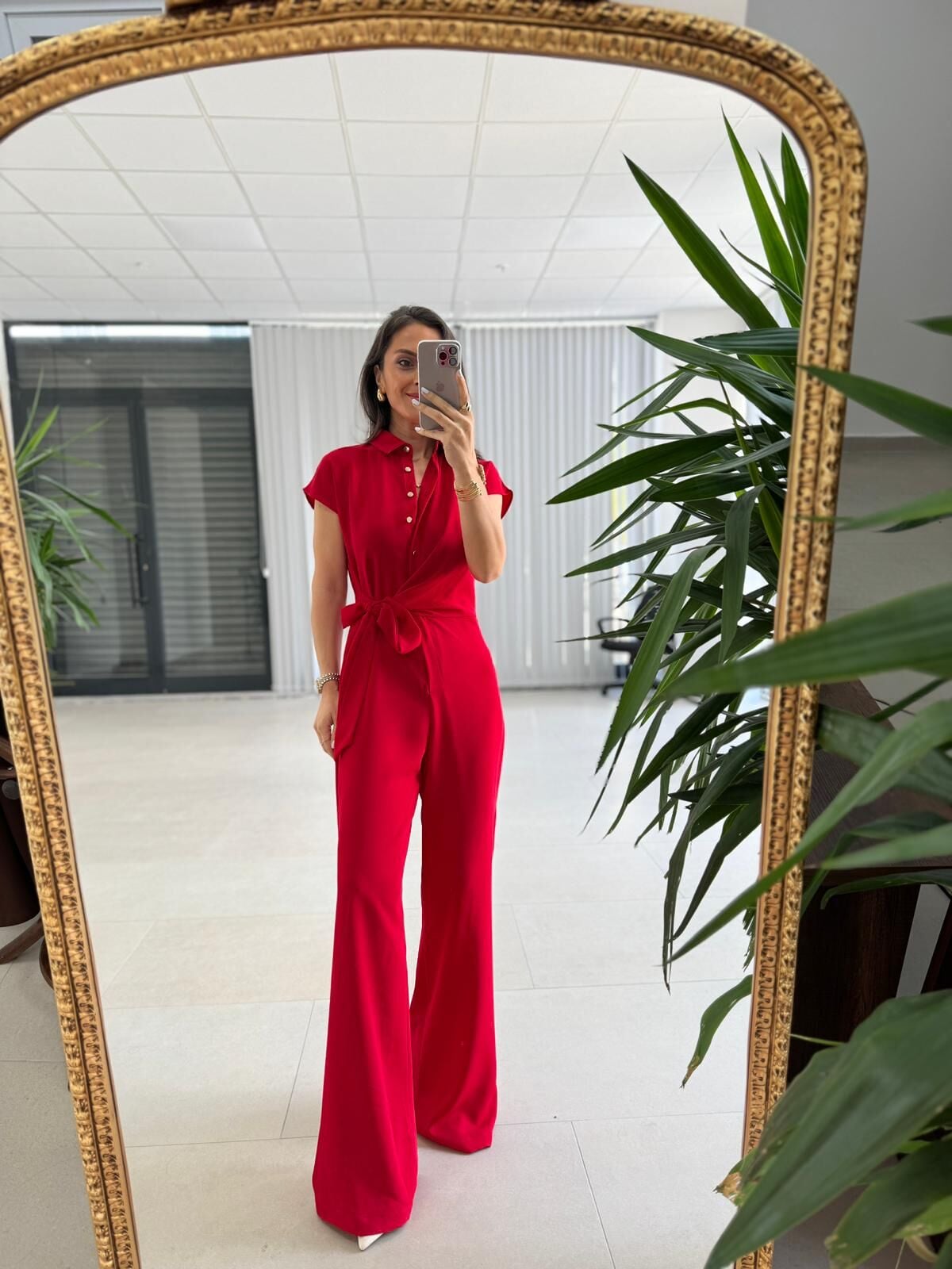 My 3936 Kırmızı Gold Düğme Detaylı Kemerli Crep Tulum