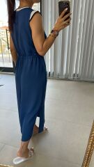 Ms Beyaz Biye Geçişli Floş Keten İndigo  Elbise