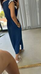 Ms Beyaz Biye Geçişli Floş Keten İndigo  Elbise