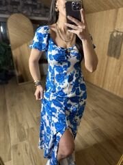 Mavi güllü viskon elbise