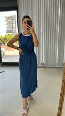 Ms Beyaz Biye Geçişli Floş Keten İndigo  Elbise