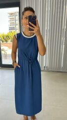 Ms Beyaz Biye Geçişli Floş Keten İndigo  Elbise