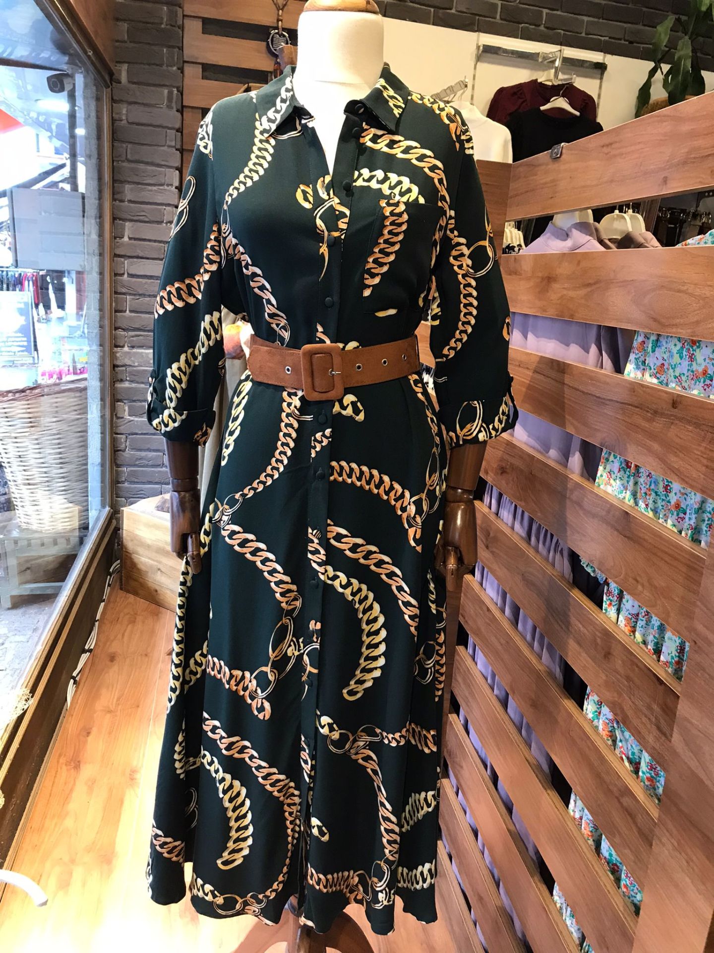 Chain patterned pocket shirt dress