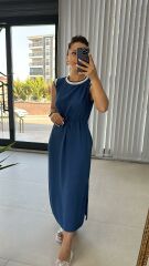 Ms Beyaz Biye Geçişli Floş Keten İndigo  Elbise