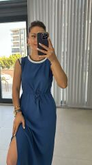 Ms Beyaz Biye Geçişli Floş Keten İndigo  Elbise