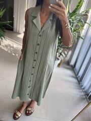 Ms 2110 Ceket Yaka Düğmeli Kolsuz Mint Yeşili  Keten Elbise