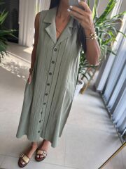 Ms 2110 Ceket Yaka Düğmeli Kolsuz Mint Yeşili  Keten Elbise