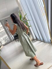 Ms 2110 Ceket Yaka Düğmeli Kolsuz Mint Yeşili  Keten Elbise