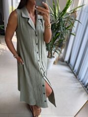 Ms 2110 Ceket Yaka Düğmeli Kolsuz Mint Yeşili  Keten Elbise