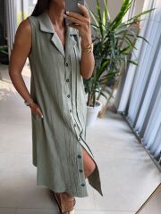 Ms 2110 Ceket Yaka Düğmeli Kolsuz Mint Yeşili  Keten Elbise