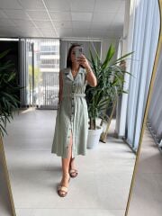 Ms 2110 Ceket Yaka Düğmeli Kolsuz Mint Yeşili  Keten Elbise