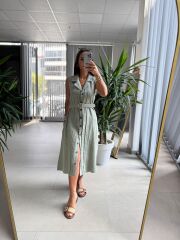 Ms 2110 Ceket Yaka Düğmeli Kolsuz Mint Yeşili  Keten Elbise