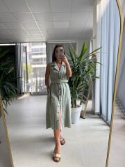 Ms 2110 Ceket Yaka Düğmeli Kolsuz Mint Yeşili  Keten Elbise