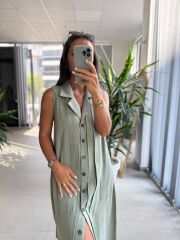 Ms 2110 Ceket Yaka Düğmeli Kolsuz Mint Yeşili  Keten Elbise