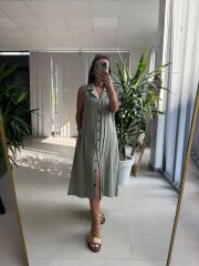 Ms 2110 Ceket Yaka Düğmeli Kolsuz Mint Yeşili  Keten Elbise