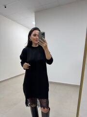Qs 2510 Siyah Dantel Detaylı Triko Elbise