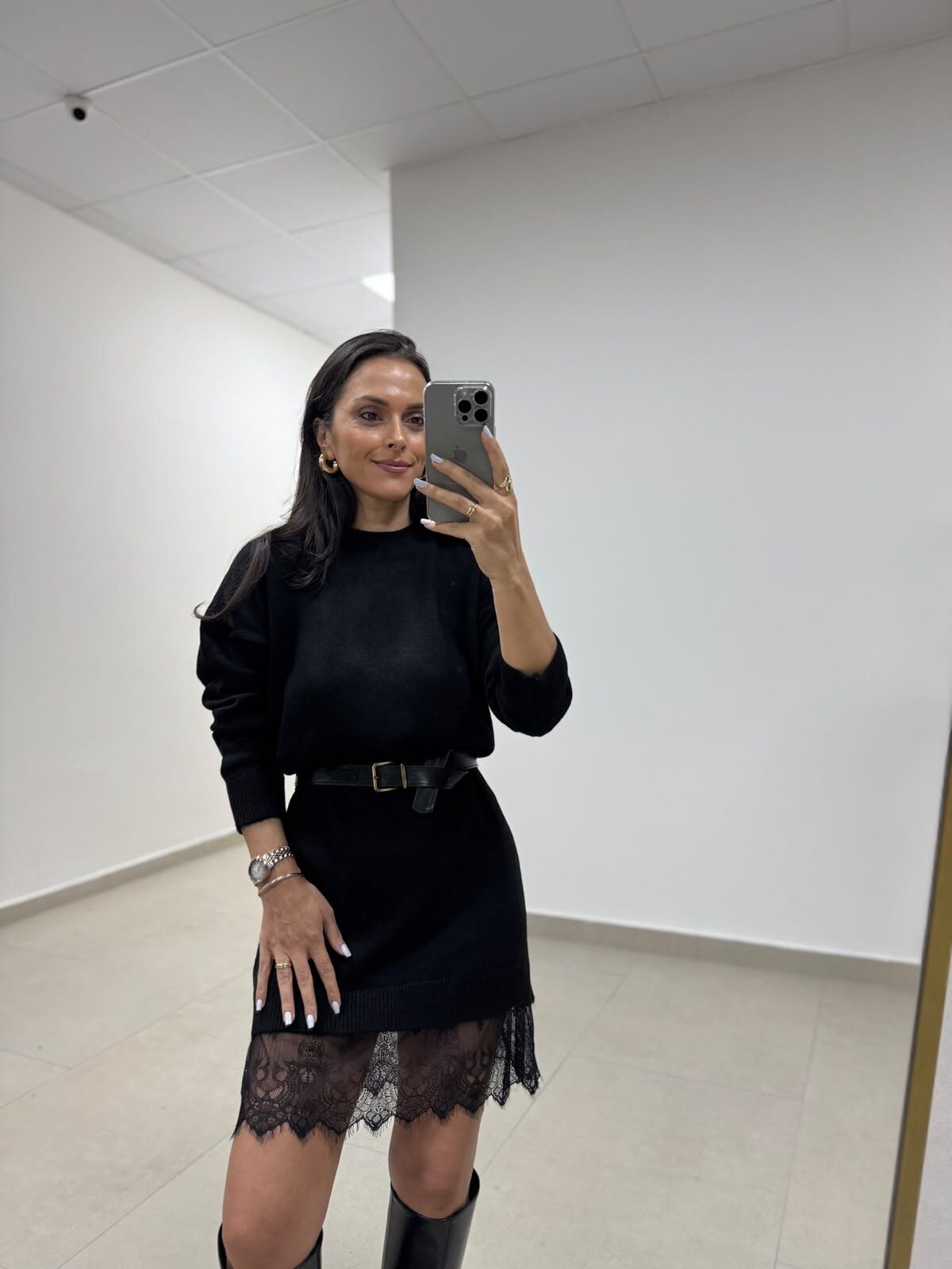 Qs 2510 Siyah Dantel Detaylı Triko Elbise