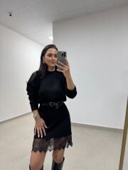 Qs 2510 Siyah Dantel Detaylı Triko Elbise