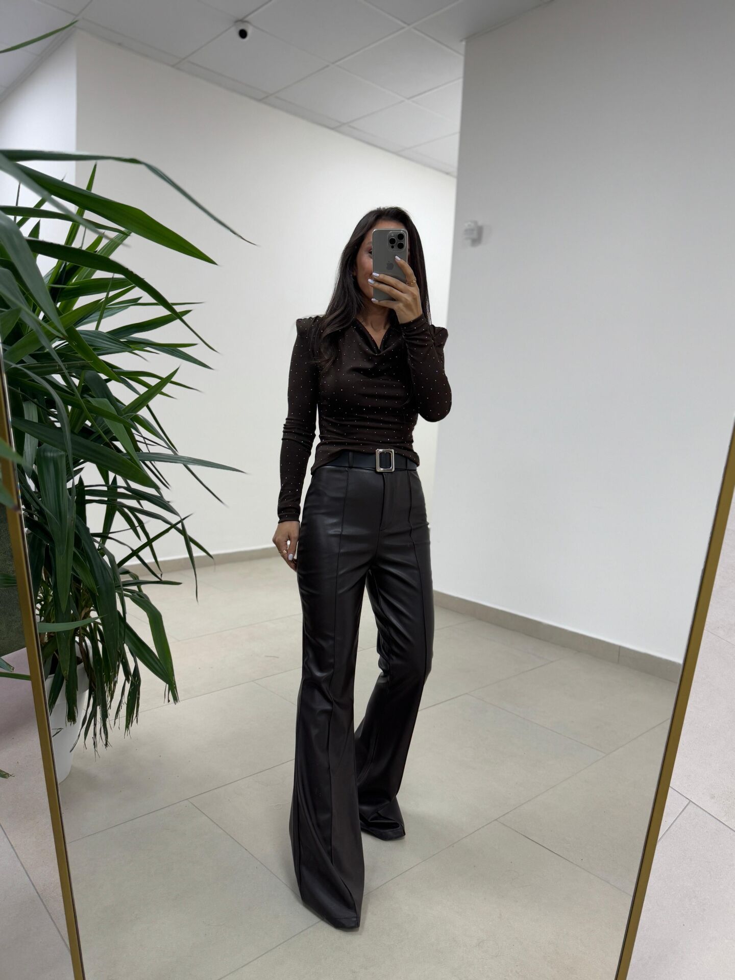 MN Kendinden Kemerli Kahve İspanyol Paça Deri Pantolon