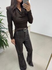 MN Kendinden Kemerli Kahve İspanyol Paça Deri Pantolon