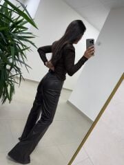 MN Kendinden Kemerli Kahve İspanyol Paça Deri Pantolon