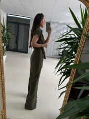 My 3936 Haki Gold Düğme Detaylı Kemerli Crep Tulum