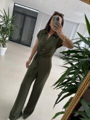 My 3936 Haki Gold Düğme Detaylı Kemerli Crep Tulum