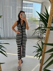 Sg Polo Yaka Bel Dekolteli Çizgili Elbise