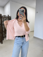 Po 2665 Dantel Yaka İkili Görünümlü Pudra Pembe Triko